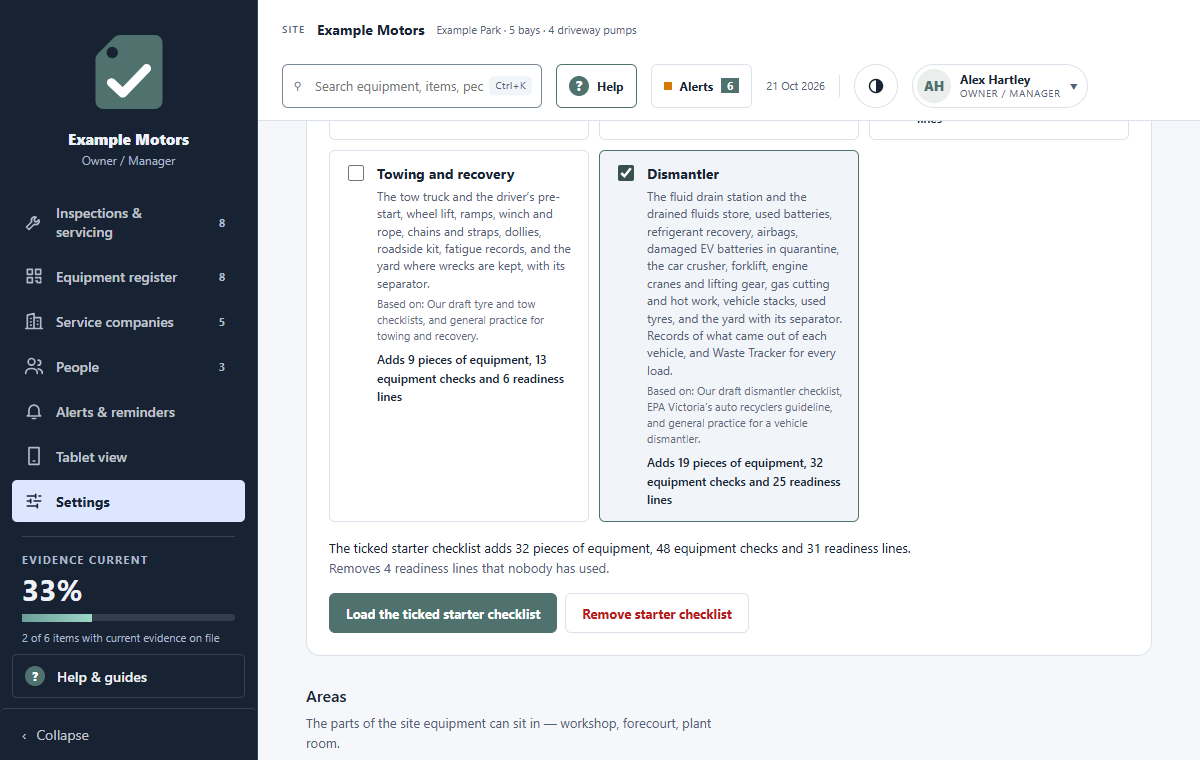 WorkshopSafe’s starter checklist in the live demo, with Dismantler ticked: the fluid drain station, used batteries, refrigerant recovery, airbags, damaged EV batteries, the car crusher, forklift and vehicle stacks, with what it adds to the demo site’s register