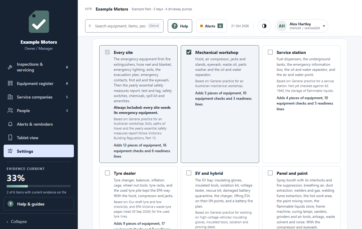 WorkshopSafe’s starter checklist in the live demo, with Mechanical workshop ticked: hoist, air compressor, jacks and stands, eyewash, waste oil, parts washer and the oil and water separator, with what it adds to the demo site’s register