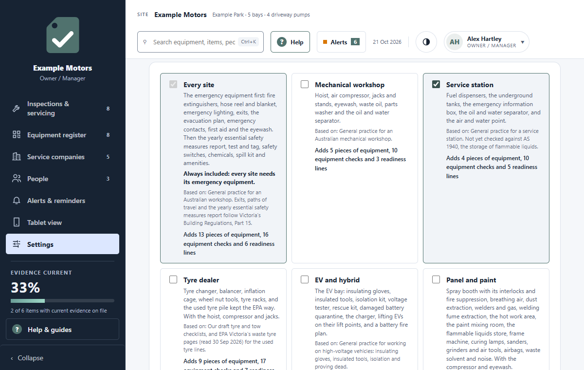 WorkshopSafe’s starter checklist in the live demo, with Service station ticked: fuel dispensers, the underground tanks, the emergency information box, the oil and water separator and the air and water point, with what it adds to the demo site’s register