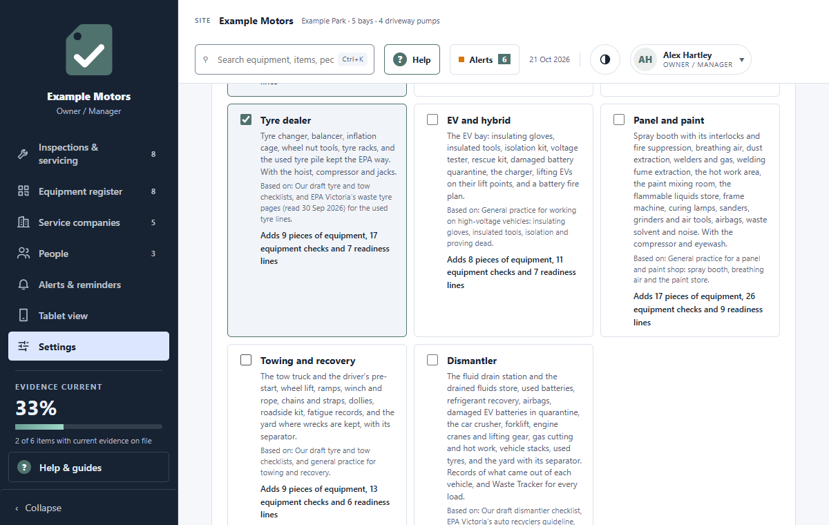 WorkshopSafe’s starter checklist in the live demo, with Tyre dealer ticked: tyre changer, balancer, inflation cage, wheel nut tools, tyre racks and the used tyre pile, with what it adds to the demo site’s register